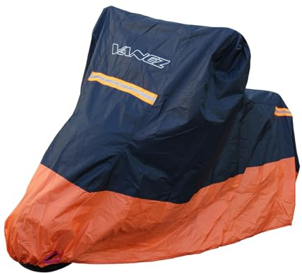 VANEZ Motorradabdeckung XXL 245x105x125cm 210D wasserdicht schwarz/orange | Faltgarage kompatibel mit Vespa, Roller; UV-Schutz, bis 2000 Pa wasserdicht, 3 Reflektoren, Schlossöffnung, Windschnalle