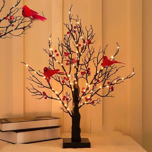Árbol luminoso vintage con cardenales, lámpara centelleante con ramas y bayas iluminadas, árbol luminoso vintage LED, for Halloween y Navidad.