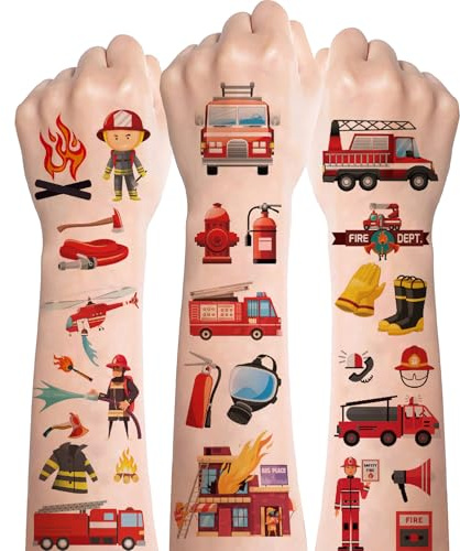 Feuerwehr Tattoo Kinder,10 Blätt Feuerwehrauto Tattoos für Kinder,Hautfreundlich Feuerwehrfahrzeug Temporäre Kinder Tattoos Sticker für Jungs Mädchen Feuerwehr Thema Party Favors Geburtstag Mitgebsel
