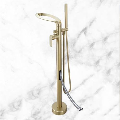 BiaoTeng Freistehende Wannenarmatur Gold Gebürstet Badewannenarmatur Wasserfall mit Handbrause 360° Drehbar Warm und Kalt Einhebelmischer Mischbatterie Badewanne Stehend