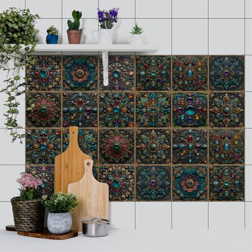 Self Adhesive Wall Tiles Blue Brown Gemstone Stick on Bathroom Tiles Waterproof PVC for Fireplace Surround Furniture Decoration Peel and Stick Tile Kitchen Backsplash 15x15 cm/24 Pcs