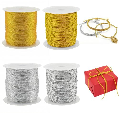 4 Rotoli Filo Dorato Argento e Oro, 2 x Cordino Dorato (0.2mmx100m+1mmx20m), 2x Argento (0.2mmx100m+1mmx20m), Cordoncino Metallic Spago per Fai da Te, Confezione Regali, Decorazione, Artigianato