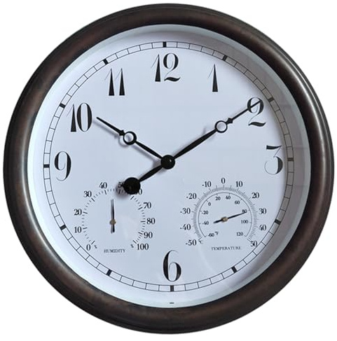 Lardenure Orologi da esterno impermeabili, orologio da parete da esterno vintage da 15 pollici con termometro e igrometro, ampio quadrante bianco, facile da leggere.
