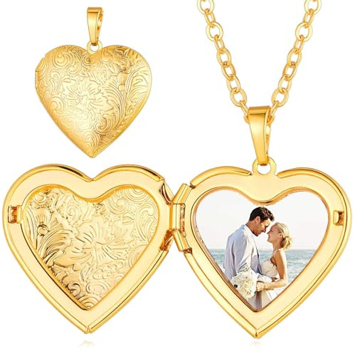 Custom4U Personalisierte Medaillon Kette für Damen - Kette mit Foto Gravur Herz Medaillon zum Öffnen, Silber/Gold/Schwarz 50 cm Kette Länge Personalisierte Geschenke für Mama Ehefrau (mit Geschenkbox)