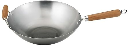 Helen's Asian Kitchen 97004 Helen Chen's Asian Kitchen 35,5 cm kolstål wok omrörningsstekpanna med bambuhandtag, silver