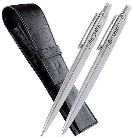 Personalised Engraved Parker Jotter Ballpoint/Fountain Pen/Set Gift Boxed in a Leather Pouch, Personalised Gifts For Anniversary, Christmas - Enter Your Custom Text (Jotter Steel Pen & Pencil Set)