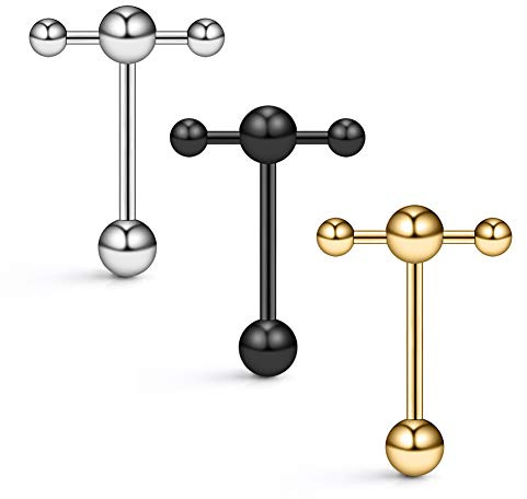 Ruifan 3PCS Stainless Steel T Shape Top Straight Barbell Tongue Ring Piercing 14G 5/8(16mm) - Mix Color 2#