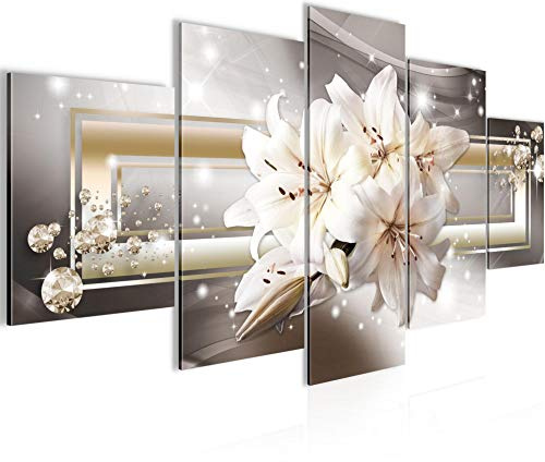 Runa Art Wandbilder Blumen Lilien 5 Teilig Bild auf Vlies Leinwand Deko Wohnzimmer Diamant Beige Braun 021752a