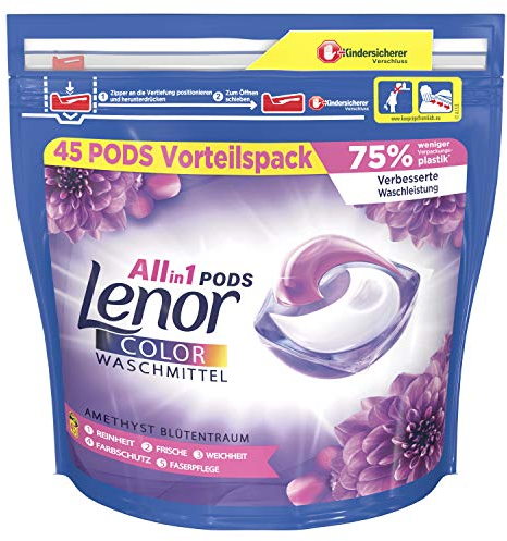 Lenor Waschmittel Pods All-in-1, Color Waschmittel, Farbschutz, Amethyst Blütentraum, 90 Waschladungen (2 x 45)