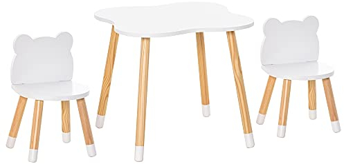HOMCOM 3-teiliges Kindertisch-Set bogenförmige Kindersitzgruppe Tisch mit 2 Stühlen MDF Tischbeine aus Kiefernholz Weiß+Naturholz 56 x 56 x 50 cm