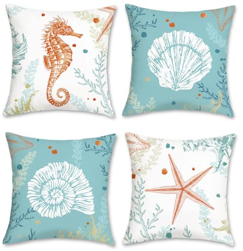 Bonhause 4er Set Kissenbezüge Ozean Strand 45 x 45 cm Seepferdchen Seestern Küsten Blau Samt Soft Dekorative Kissenhülle Zierkissenbezüge für Sofa Schlafzimmer Wohnzimmer Auto Zuhause Dekoration | Dekorativer Kissenbezug aus Samt, Motiv: Seestern, Seestern, für Sofa, Bett, Heimdekoration