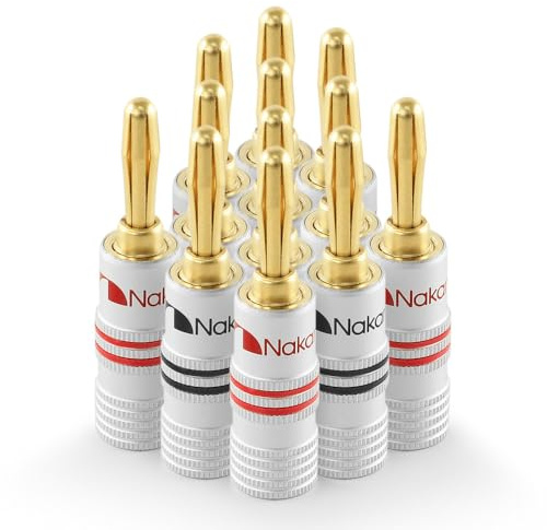 Nakamichi 24K vergoldeter Bananenstecker 12 AWG - 18 AWG Gauge Größe 4mm für Lautsprecher Verstärker Hi-Fi AV Receiver Stereo Heimkino Audiokabel Stecker schraubbar 12 Stück (6-Paare)