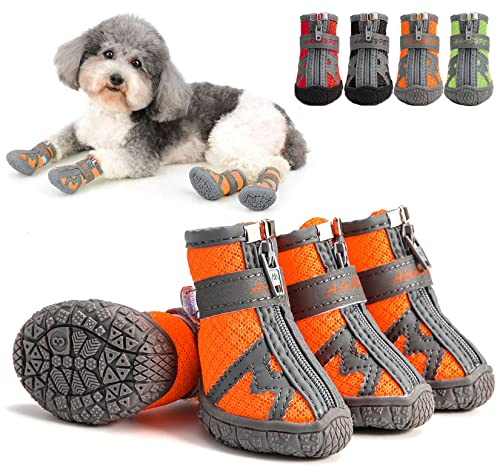 Zunea Hundeschuhe für Kleine Hunde Atmungsaktiv Netzstoff Pfotenschutz Reißverschluss rutschfest Verstellbar Reflektierend Außenbereich Stiefel mit Robuster Sohle für Haustier Chihuahua Orange 3#