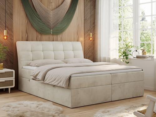 MKS MEBLE Boxspringbett 180x200 Beige Velvet, Bett mit Multipocket Matratze H3 und Topper T25, Polsterbett 120x200 mit Bettkasten und Kopfteil, DIEGOS