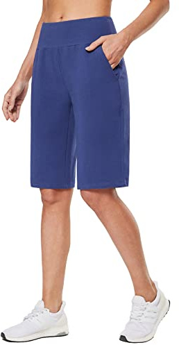 baleaf Women's 12 Long Bermuda Shorts High Waisted Knee Length Cotton Shorts Pockets Casual Work Lounge
