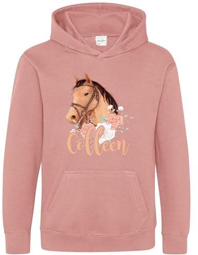 Purple Print House Personalised Horses Head Girls Hoodie Horse Riding Horse Head Kids, 5-6 Years, Dusty Pink