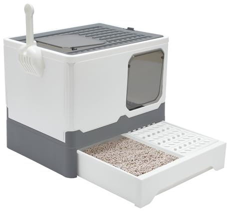 The Fellie Cat Litter Box With Lid, Large Space Drawer Pan & Scoop, Anti-Splashing Hooded Design, Easy Clean Odor Control, Grey