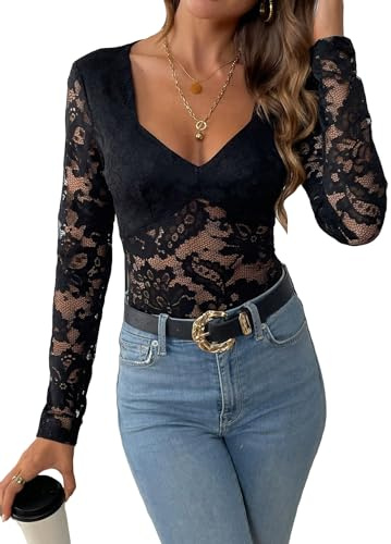 SweatyRocks Women's Sheer Floral Lace V Neck Bodysuit Long Sleeve Slim Fit Jumpsuits Black M