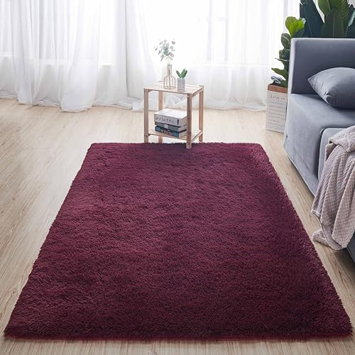EMPVEX Alfombra mullida para salón, dormitorio, habitación de los niños, decoración suave, antideslizante, pelo grueso, color burdeos, 80 x 120 cm