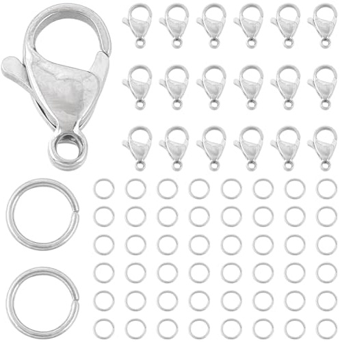 SUNNYCLUE 1 låda 150 st rostfritt stål hummerlås, öppna hoppringar, 50 st 15 x 9 mm, smyckeslås, koppling, armband, klämmor, stängningar, 100 st 8 mm hoppringar, hummerklo för smyckestillverkning