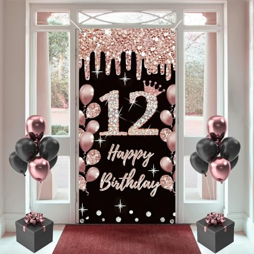 12. Geburtstag Dekorationen für Mädchen, Rosegold Hintergrund Tür Banner, 180 cm x 90 cm, Happy 12 Years Old Schild