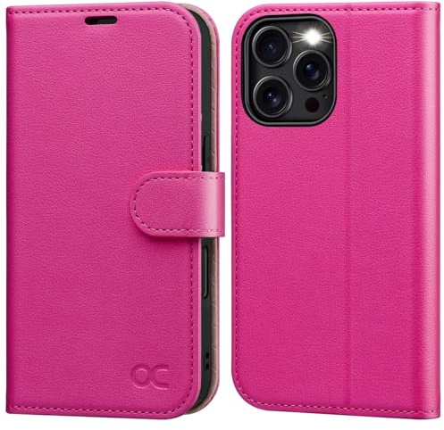 OCASE Kompatibelt för iPhone 16 Pro Max skal, PU-läderplånbok, magnetiskt fällbart fodral med RFID-blockering, korthållare, stötsäker TPU, rosa