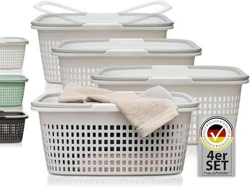 Hausfelder Wäschekorb, 4er Set, 58x37x25cm, Weiß | Wäschekorb mit Henkel 4er Set, Wäschekörbe Kunststoff weiß stapelbar 35L