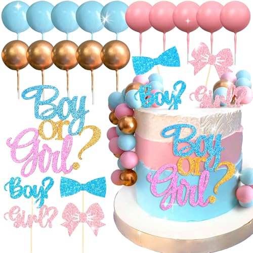 Roaring Good Time Pink Blue Gender Reveal Cake Toppers Set: Boy or Girl Cake Decoration, 15 Balls, 'Boy or Girl?', 'Boy?', 'Girl?' Cake Decoration for Baby Shower Party