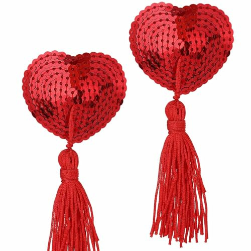RSYHVG Women Breast Pasties Reusable Nipple Stickers Cover Adhesive Heart-Shaped Breast Bra with Sequins Tassel Red