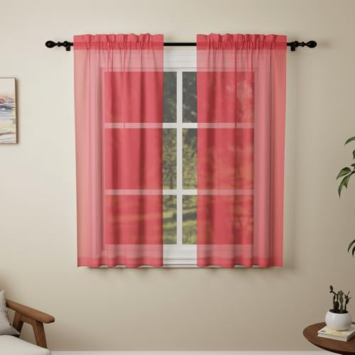 Pacok Red Voile Curtains, 54 Drop 2 Panels Net Curtain for Windows, Rod Pocket Sheer Curtain Panel Voile Curtains for Living Room Kitcken Bedroom W56xL54 Inch(Red, 142 x 137cm)