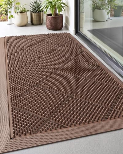 DEXI Front Door Mats Outside Entrance, 17x36 Rubber Waterproof Dirt Trapping Entry Mat for Entryway, Heavy Duty Non-Slip Low-Profile Welcome Doormat All Weather for Patio, Brown