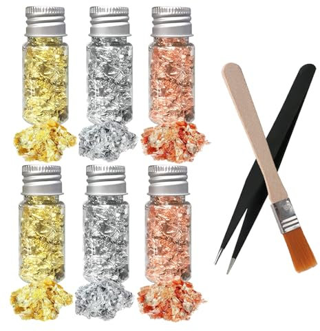 6 Flaschen Essbare Blattgoldblätter, Essbares Blattgold, Blattgold Flocken Multifunktions-Dekorfolienpapier Goldfolie Papier Dekorfolie Papier Küche Backen Gebäck Kunsthandwerk Decor(Gold,Silber,Rosé)