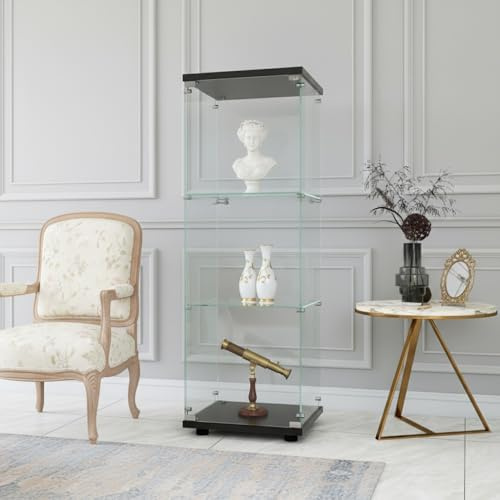 RXMORI Glasvitrine Standvitrine, 3 Lagen Glas Vitrine Sammlervitrine Vitrinenschrank, 1 Tür mit Schloss Glasvitrine Stehend Für Wohnzimmer Schlafzimmer Büro (Dreischichtig Schwarz)