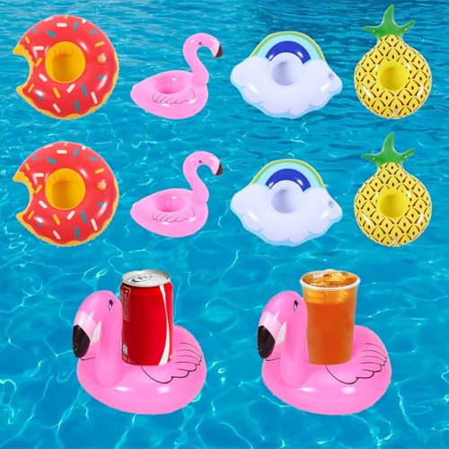 Getränkehalter Pool, 8 Stück Aufblasbare Schwimmtiere, Flamingo und Süßigkeiten Designs, Schwimmender Getränkehalter für Poolparty, Strandurlaub und Sommerfeiern
