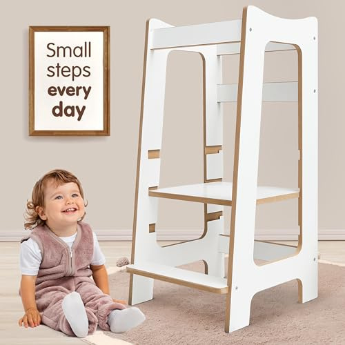 Montessori Learning Tower – Wooden Kitchen Step Stool, Safe Standing Helper Platform with 3 Adjustable Heights for Toddlers 2–6 Years (White/Pine)