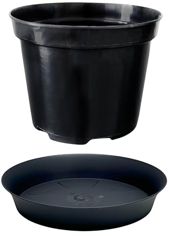 Heavy Duty Round Plant Pot & Saucer Set – 7 Sizes from 3L to 25L – Indoor Outdoor Use – Durable Plastic for Flowers, Vegetables, Herbs - Includes Matching Saucer – Black (1, Round 25L + 35cm)