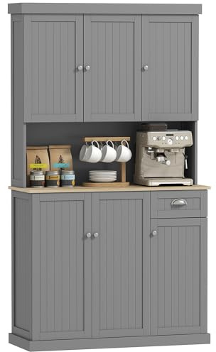HOMCOM Armoire de cuisine moderne de 180 cm avec 6 portes, comptoir de four à micro-ondes, tiroir, étagères réglables et trou pour câble, gris
