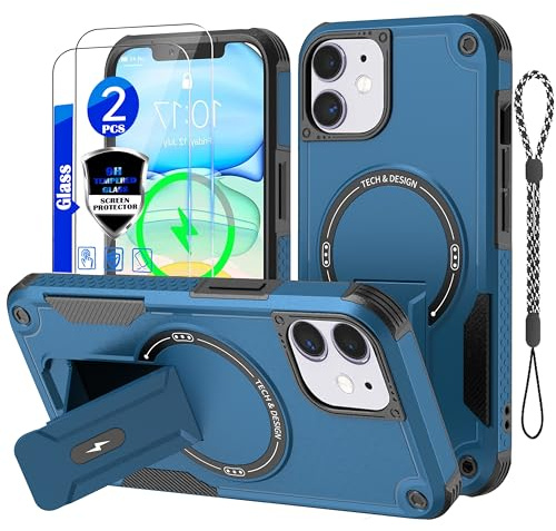 GuardCase for iPhone 11 Case [Compatible with MagSafe][with 2 * 9H Tempered Glass Screen Protector], Built in Invisible Stand, Not fading，Shockproof Protective Phone Cover 6.1-inch(Blue)