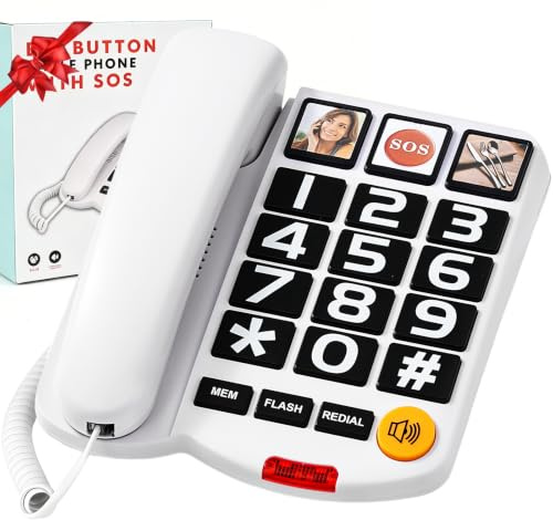 Extra-Loud (110dB) Landline Phone for Seniors & Hearing Impaired - Hearing Aid Compatible, Large Button Corded Phone with 3 Photo Speed Dial, Speakerphone - White, Ideal Mother's
