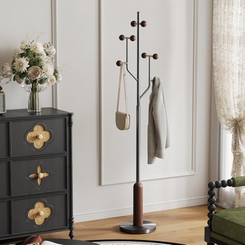 Bekrvio Massivholz und Edelstahl Garderobenständer(113kg Belastbar, 8 Haken Kleiderständer stabil, Garderobe flur in Baumform, Jackenständer, Clothes Rack für Wohnzimmer Schlafzimmer Büro
