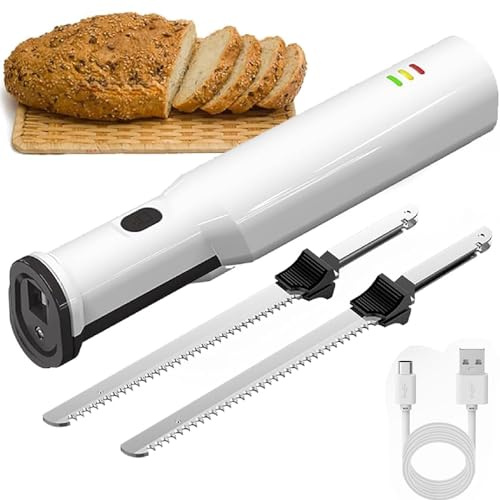 KAKKII Coltello da pane intagliato elettrico, coltello da pane elettrico ricaricabile a cordone, con due lame segnate e rilascio di grilletto di blocco di sicurezza, per intaglio, tacchino, pollame
