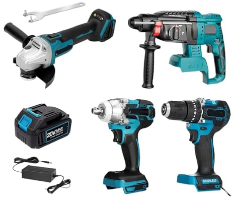 Set Di 4 Utensili Senza Spazzole 172 Trapano Elettrico + Avvitatore A Percussione 2in1 + Smerigliatrice Angolare Lucidatura Rettifica + Trapano A Percussione Elettrico Coppia Elevata(One big battery)