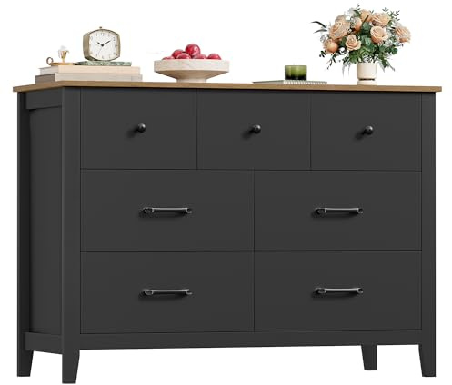HOCSOK Chest of Drawers, 7-Drawer Chest of Drawers Bedroom, Sideboard, Black with Handles, Modern Bedroom Furniture for Living Room, Bedroom, Teenager Room and Hallway, 106x40x81 cm