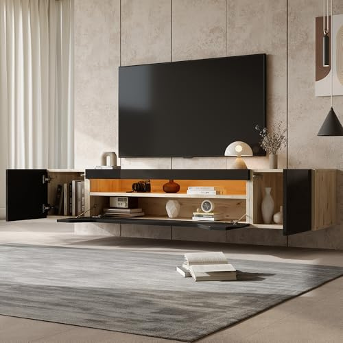 OKMYHOME Meuble TV Suspendu avec 2 Portes et 1 Abattante, LED Contrôlable, Panneau de Particules, 180x37x36 cm - Noir + Bois Naturel