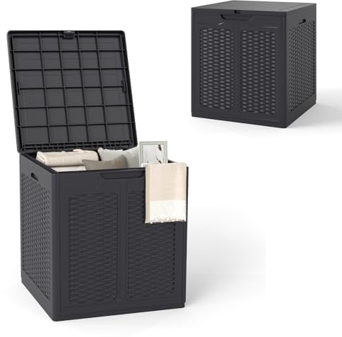 HOMASIS 145L Arcón Exterior, Baúl de Jardín para Almacenamiento Impermeable, Caja Exterior de PP, Banco de Almacenamiento Bloqueable para Patio, Terraza, 56 x 56 x 60,5 cm, Carga 80 KG (Marrón)
