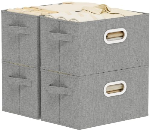 ENUMAIL Caja de Almacenamiento con Manija Metálica,38x25x25cm,Gris,4 Piezas | Cesta de Almacenaje con Placa de Soporte PP,Organizador de escritorio con Mango,Lavable Caja para Armario Abatible de Tejidos