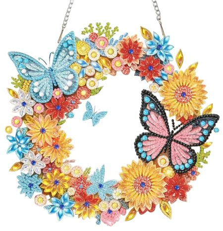 Scinzene Diamond Painting Schmetterling Wandanhänger 20cm – Frühling Blumenkranz zum Aufhängen, Fensterbilder & Diamond Painting Deko für Zuhause und Frühjahrsprojekte
