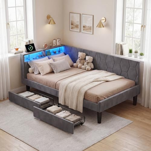 Polsterbett Schlafsofa 140x200 mit 2 Schubladen,Jugendbett 140x200 mit LED-Beleuchtung, Tagesbett mit Steckdosen,Gästebett Einzelbett Bettgestell mit Lattenrost aus Holz,Samt,Ohne Matratze