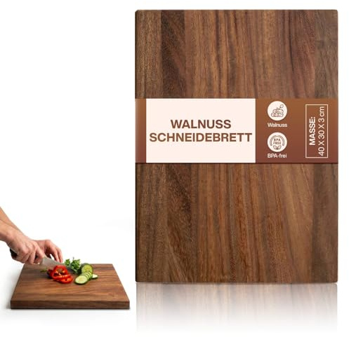 Premium Schneidebrett aus Nussbaum mit Saftrille - 40 x 30 x 3 cm - Hochwertiges Küchenbrett aus Holz - Groß mit Standfüßen