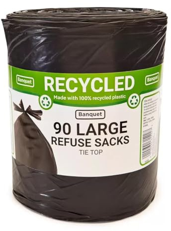 Banquet Recycled Refuse Sacks 110L (90 Pack) – Heavy Duty Large Tie-Top Bin Bags for Kitchen, Home & Commercial Use